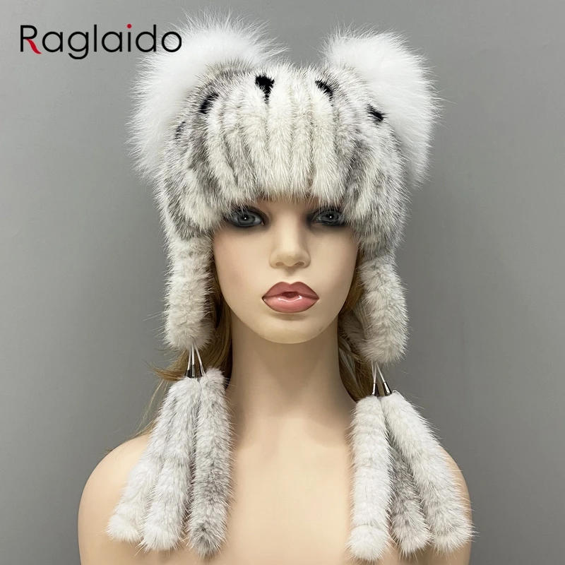 Women's Knitted Natural Mink Fur Bomber Ear Hat with Tail Earflap