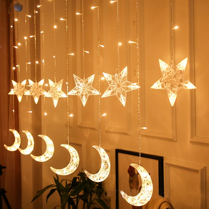 

EU Plug LED Star Christmas String Fairy Light Twinkle Star Moon Outdoor Christmas Garlands LED Curtain Light Holiday Decoration