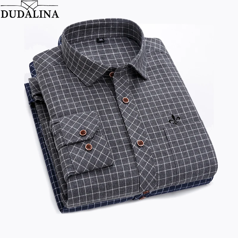 

Dudalina Camisa Social Masculina Men's Cotton Plaid Casual Shirt Pocket Long Sleeve 2020 Comfortable Shirts Slim Fit