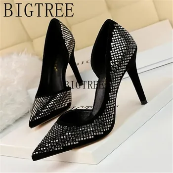

Wonen Pumps Fashion Office Shoes Sequined Cloth Pointed Toe Thin Heels 9.5CM 2019 Fashion Delicate Sweet Wedding High Heel Shoe