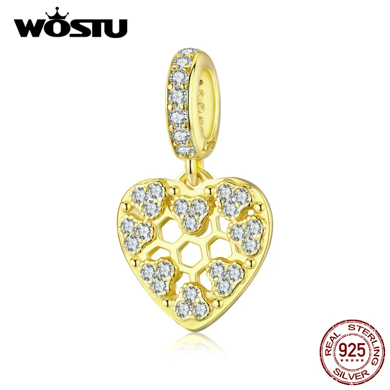 WOSTU 925 пробы серебряные пчелиные соты золотые бусины циркон сердце подвески