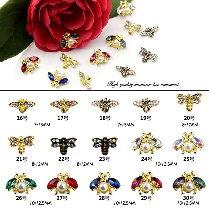 

10pcs Metal Alloy Bee Design 3D Nail Art Decorations Charm Crystal Pearl Jewelry Gem Japanese Style Manicure Design Accessories