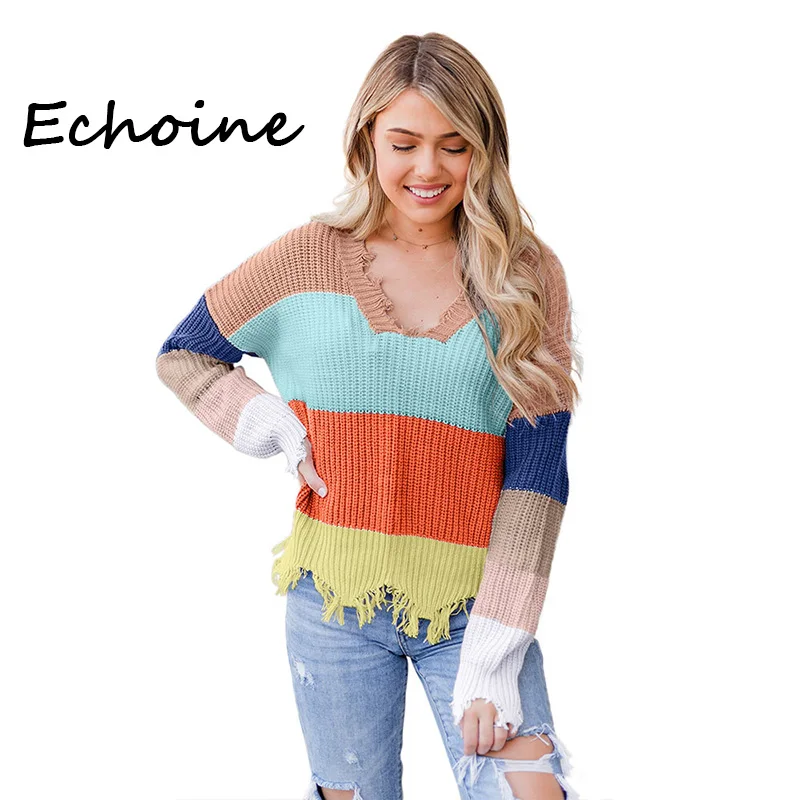 

Casual Color Patchwork Sweater Women Broken Edge Irregular Long Sleeve Loose V-neck Pullovers Autumn Sweater 2019 New