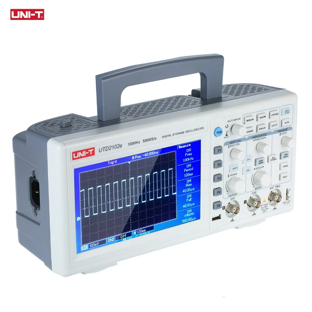 UTD2102E осциллограф 100 МГц 2 канала аналоговый 500MSa/s 7 ''Tft Lcd многоязычный