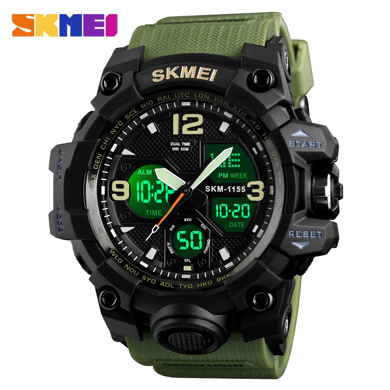 SKMEI Брендовые мужские спортивные часы, двойной дисплей, аналоговый цифровой светодиодный, электронные кварцевые наручные часы, водонепроницаемые, для плавания, военные, 1155B - Цвет: Army Green