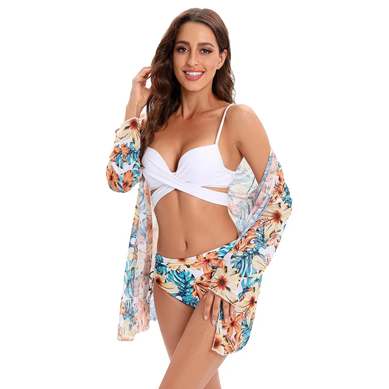 orange bikini set High Waist 3 Piece Bikini Set With Cover Up 2022 Swimsuit Women Print Long Sleeve Bathing Suit Beachwear Swimming Biquini New strapless bikini set