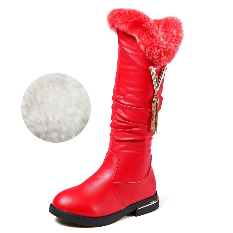 thick velvet red Зимние сапоги для девочек; сапоги из натуральной кожи; бархатная теплая детская хлопковая обувь; модные сапоги до колена с кисточками; детская обувь - Цвет: thick velvet red