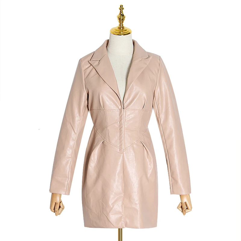 TWOTWINSTYLE, винтажные Куртки из искусственной кожи для женщин, v-образный вырез, длинный рукав, высокая талия, с рюшами, Осенние тонкие пальто для женщин, мода, новинка