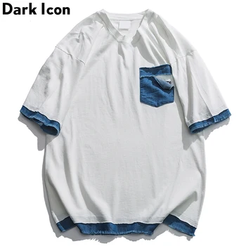 

Dark Icon Denim Patchwork Casual Cotton T-shirt Crew Neck Men 2020 Summer Street T Shirt With Hole Pocket Men Clothes