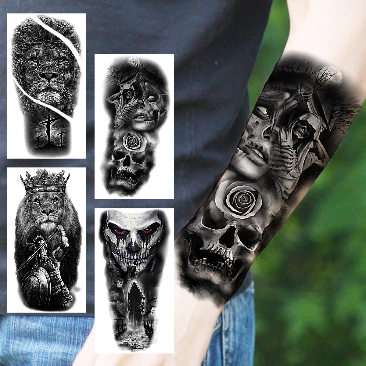 

Scary Skull Skeleton Halloween Temporary Tattoos For Men Women Realistic Lion Clown Knight Waterproof Tattoo Forearm Body Tatoos