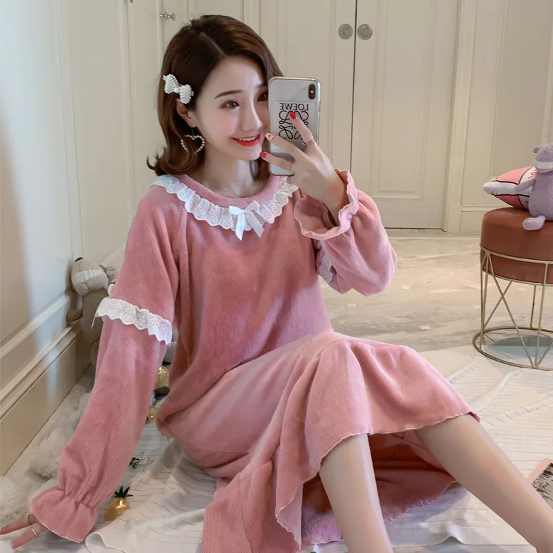 

827 # Winter Flannel Nightgown Women's Autumn And Winter Long Sleeve Winter Pajamas Women's Autumn Long-Princess Style Pajamas S