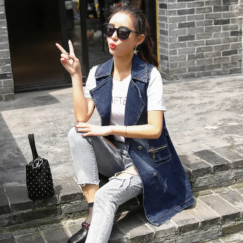 

2019 New Style Large Size Korean-style WOMEN'S Vest Double Breasted Denim Waistcoat Women's Mid-length