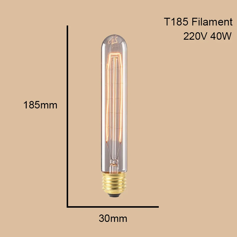 T185Filament ST64 G95 G80 T30 лампочка накаливания Эдисона с затемнением 40 Вт 220 в E27 винтажный светильник Ретро подвесной светильник нить Спираль Промышленный Декор - Цвет: T185Filament