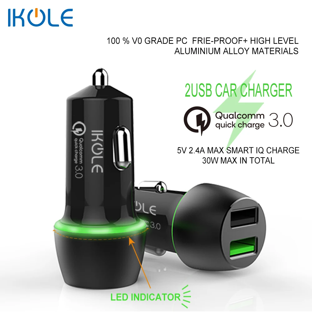 Автомобильное зарядное устройство IKOLE QC3.0 с 2USB портами 30 Вт 5 В 2 4 А|Зарядные