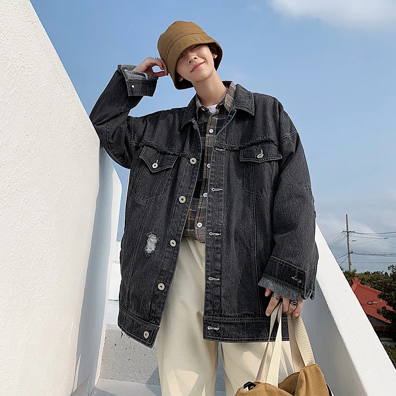 Qiugang fashion new side hole denim jacket wide