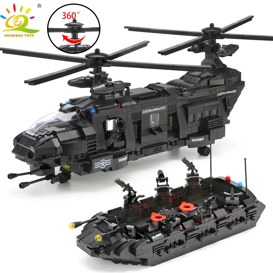 

TOYS 1351pcs Police Combat Soldier Swat Military Helicopter Boat Building Blocks Figures Bricks for Children