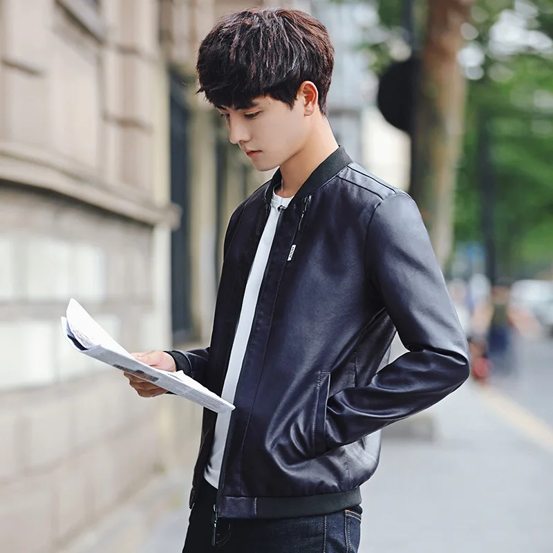 

2018 Spring And Autumn New Style Men Baseball Collar Zipper Decorations PU Leather Coat Origional Hong Kong Style Large Size Lea