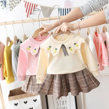 

Spring Autumn New Baby Girls T-shirt+skirt Cotton Sweet 2pcs Sets Period Baby Checked Skirt Princess Suit Kids