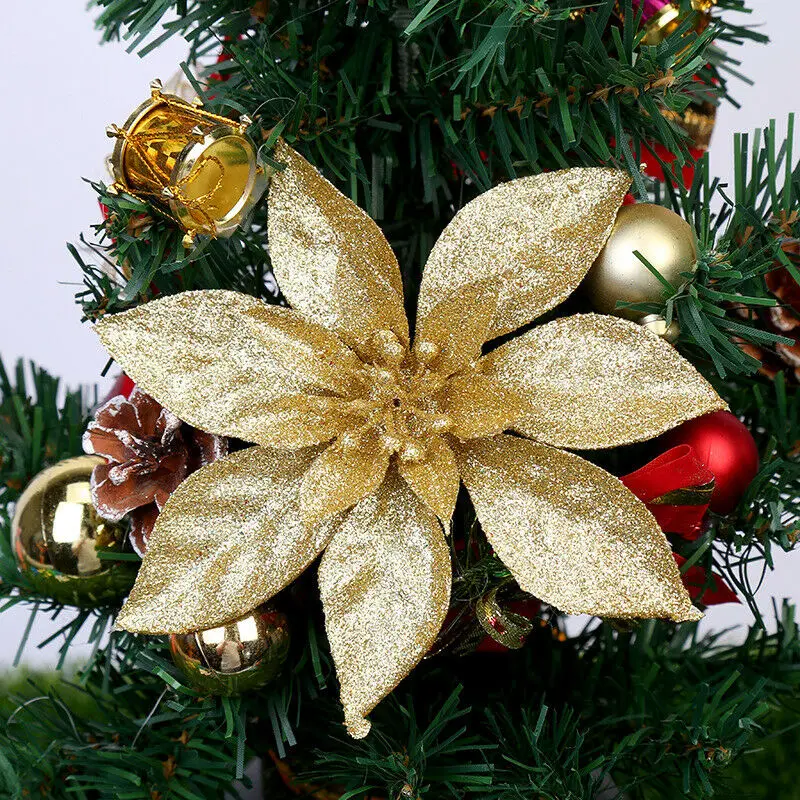 13CM fiesta de Navidad Poinsettia Brillo Flor Oro Árbol De Navidad Decoración Navidad Supply