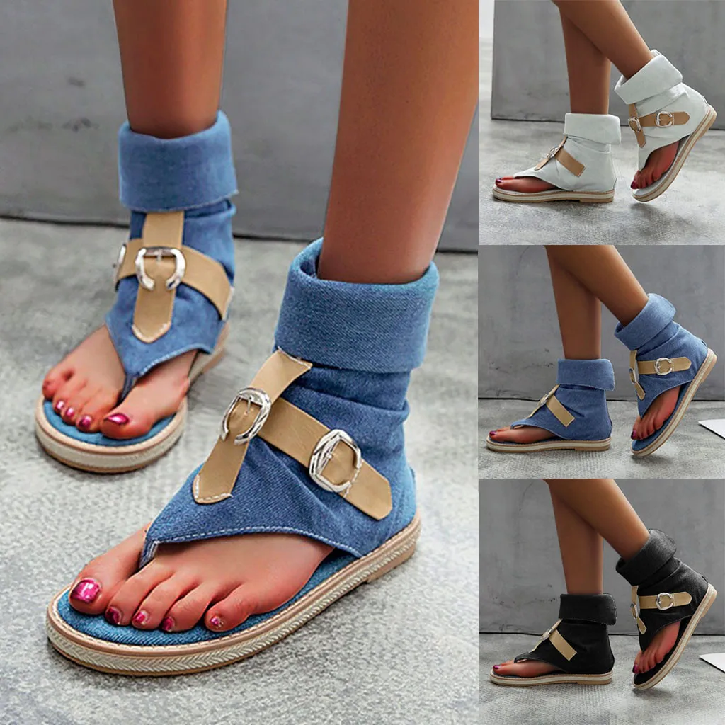 

Designer Sock Shoes Style Sandals For Spring Women Fashion Denim Mixed Color Round Toe Zipper Flats Casual Sandals Women Shoes