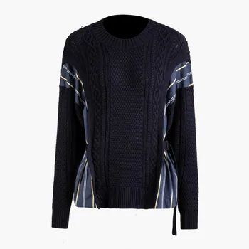 

TVVOVVIN Women Sweater Long Sleeve Stripe Splicing Knitted Sweater Lace Up Twist Bottoming Pullovers Women Tops Autumn DG186
