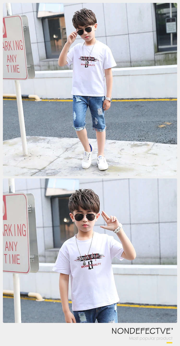 Children Cute Fashion Summer Kids Boy Clothes 2 Piece Set White T-Shirt Shredded Jeans 5-14 Years Boy Kids Clothes Set