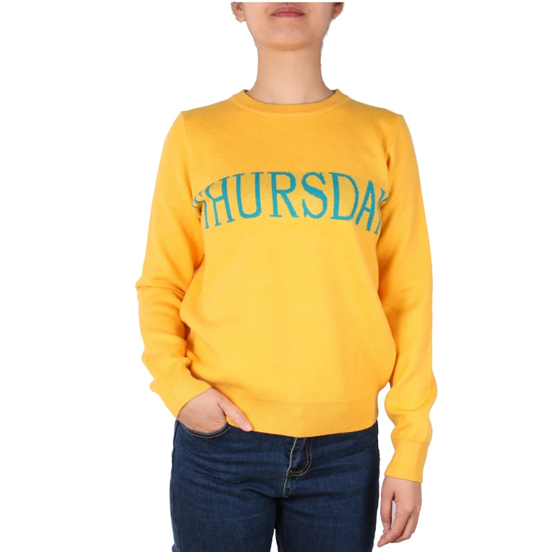 Runway Design Letter Print Yellow Sweater Pullovers Women Long Sleeve Knit Jumper Fashion Thursday Winter Tops | Женская одежда