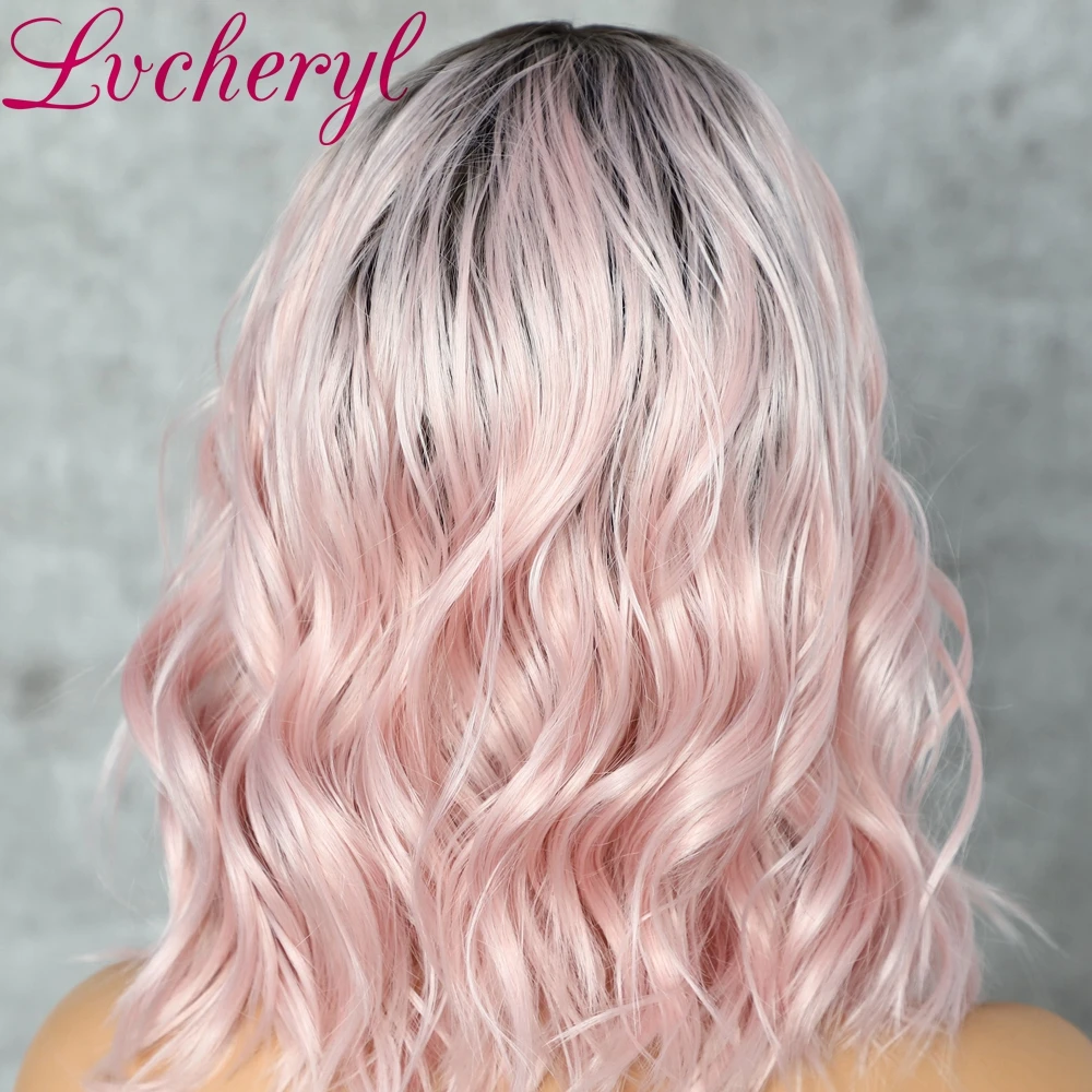 Lvcheryl короткие волнистые синтетические парики на шнурках спереди омбре с темными корнями розовые термостойкие парики для волос для женщин