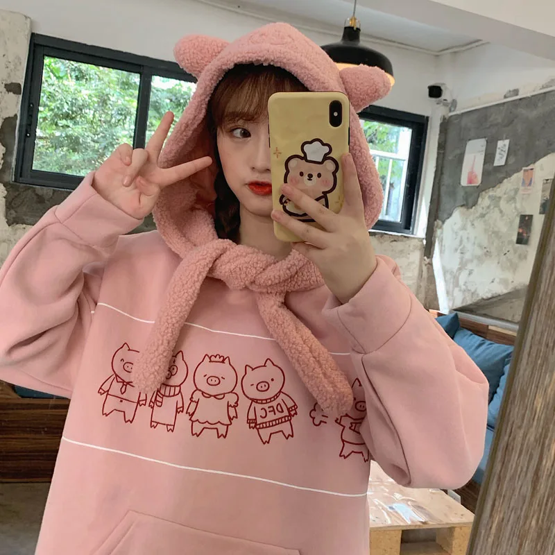

Female Loose Hoodies Girls Sweatshirts Teen Girls Thick Preppy Pullovers Adorable Cartoon Printing Loose Tops Clothes for Women