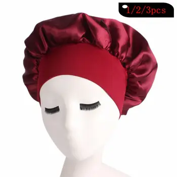 

58cm 1/2/3pcs Solid Color Shower Cap Long Hair Care Women Satin Bonnet Cap Night Sleep Hat Silk Head Wrap Adjust Shower Caps