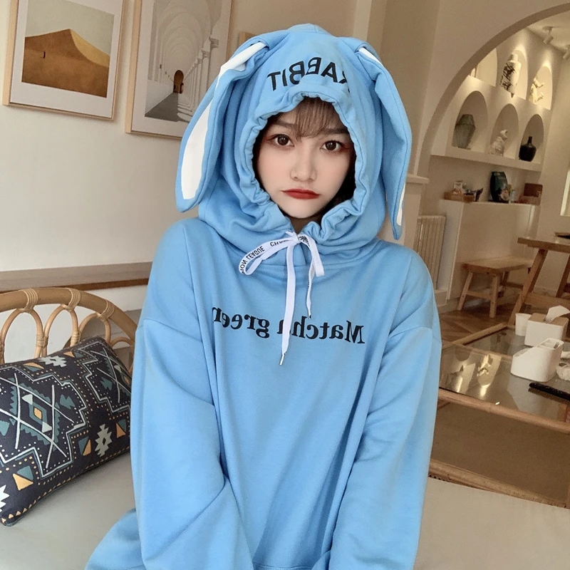 

Autumn Winter Women Hoodies Kawaii Rabbit Ears Fashion Hoody Casual Solid Color Warm Oversize Sweatshirt Hoodies Women