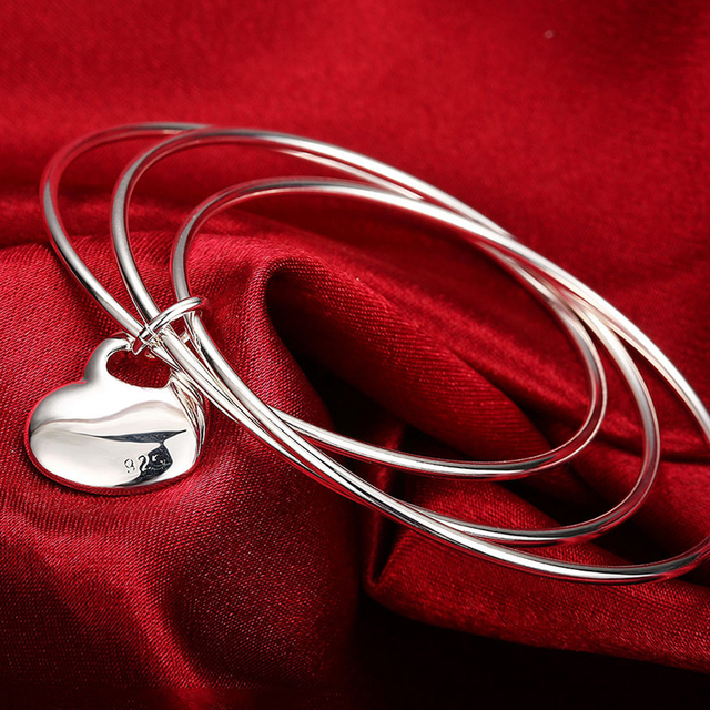 Trendy Style 925 Silver Round Heart Open Bracelet For Women Fashion Jewelry Cuff Bangles