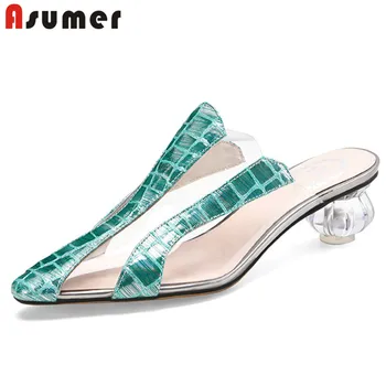 

ASUMER 2020 new fashion style women pumps genuine leather shoes pointed toe mixed colors strange heels ladies mules shoes