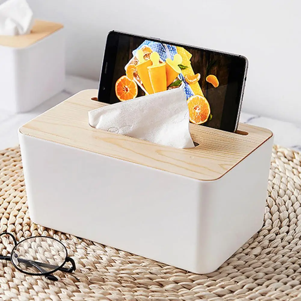 Removable Plastic Tissue Box with Oak Wooden Cover Phone Home Holder Napkin Case 