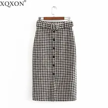 Plaid Midi Skirts Single Breasted Straight Tweed Skirt faldas mujer moda winter long skirts women