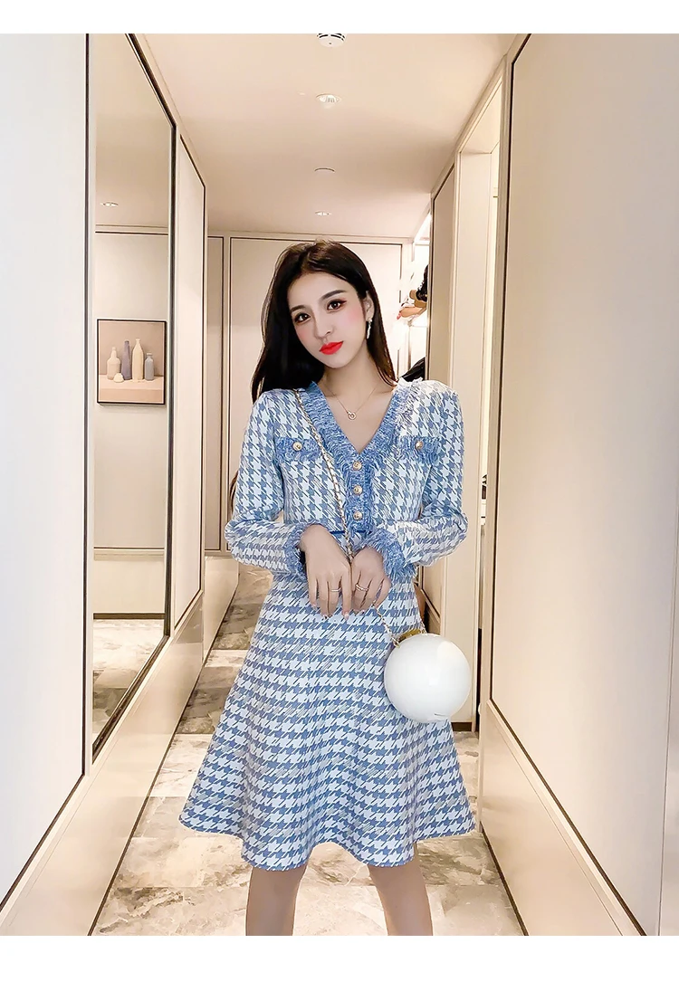 autumn winter new wave autumn dress small fragrance houndstooth waist waist long sleeve knit dress