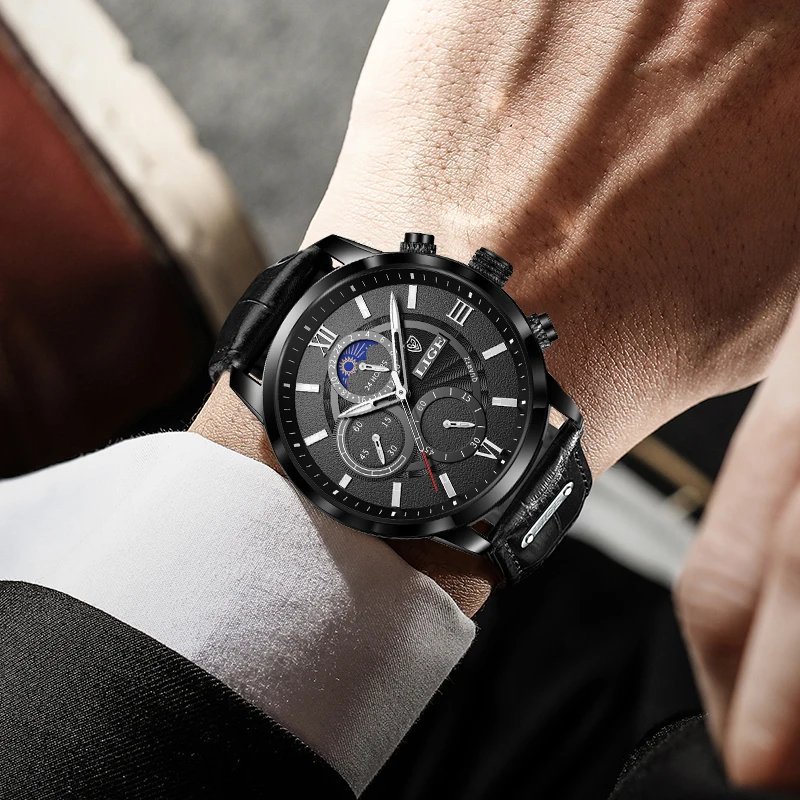 LIGE New Men Watch Waterproof Quartz Mens Watches Chronograph Sport Wristwatch Leather Business Male Clock Black Watch With Box