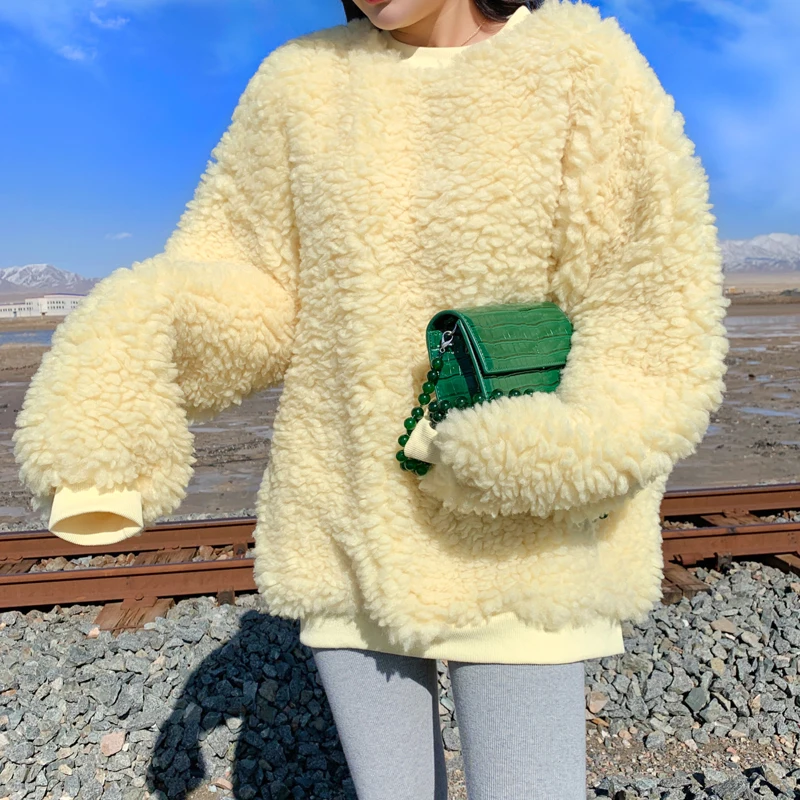 Женские зимние теплые пушистые толстовки больших размеров, милые однотонные толстовки для девочек, пуловеры, модные толстовки с искусственным мехом ягненка