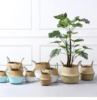 

Bamboo Storage Baskets Foldable Laundry Straw Patchwork Wicker Rattan Seagrass Belly Garden Flower Pot Planter Handmade Basket