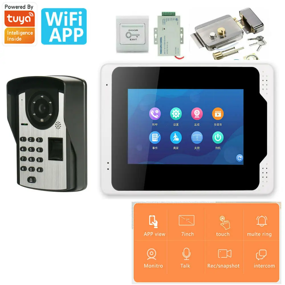 RU ES FR DE переключаемый 7-дюймовый проводной Wi-Fi-домофон со сканером отпечатков