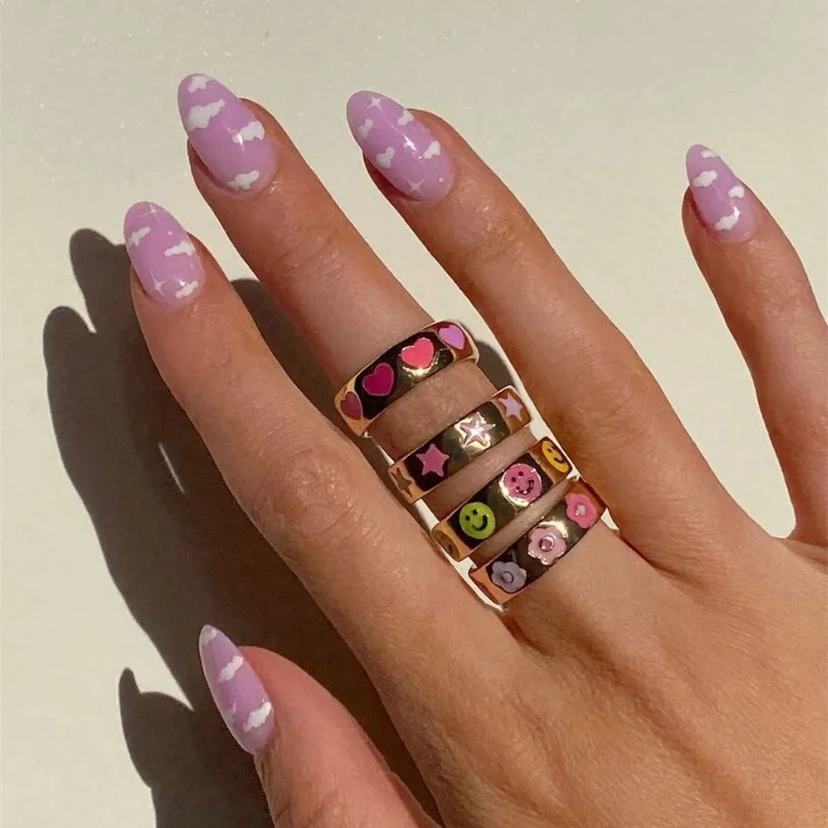 Smile Gal Ring Alien Flower Queen Rings Namel Thick Ring Size Luxury Spring Fine Lucky Jewelry Heart Clouds Rings for Women Gift