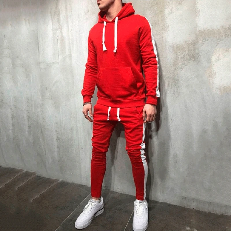 

2019 Men Hoodies New Brand Autumn Winter Hooded Sweatshirt +Drawstring Pants Male Stripe Patchwork Tracksuit 2 Pieces Sets