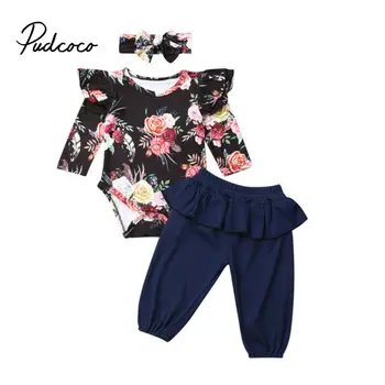 

2019 Cute Floral Romper 3pcs Baby Girls Clothes Bodysuit Jumpsuit +Headband 0-24M Age Ifant Toddler Newborn Outfits Set Hot Sale