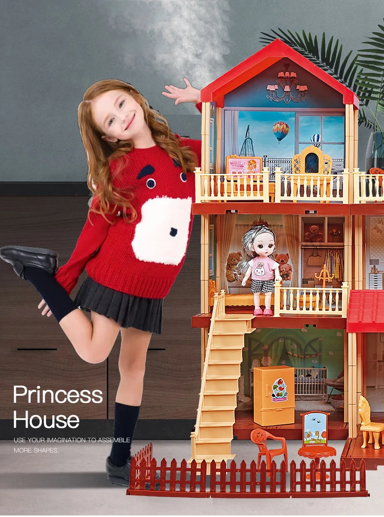 Princess Diy Villa Doll House Plastic Game Doll House Furniture Kit And Digital Assembly Puzzle Toys For Girls And Children Kids 27Inch