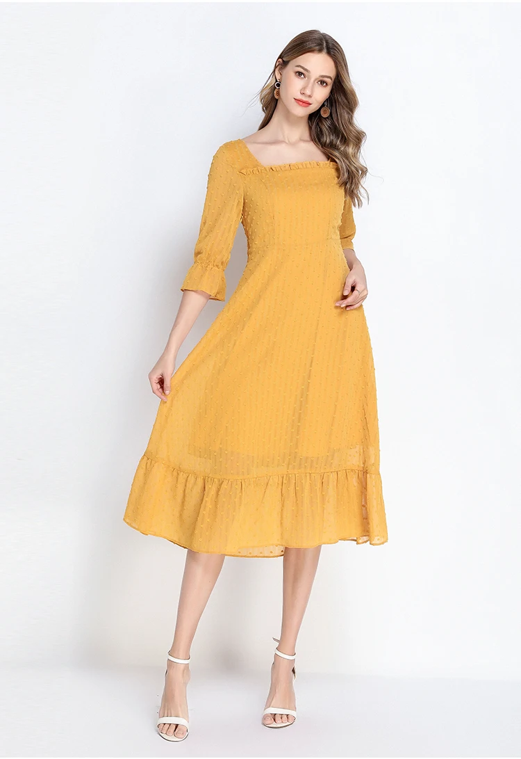 Gold Yellow Casual Long Dresses Elegant Women Big Sizes 5xl 4xl Xxl Spring Autumn Square Collar A Line Boho Maxi Dress Polka Dot