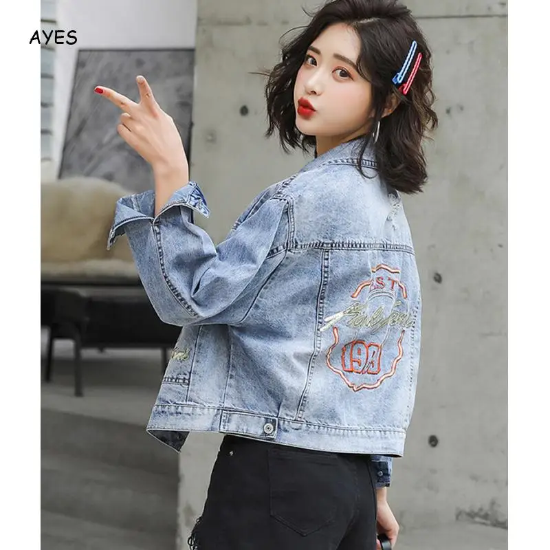 

2019 Autumn Long Sleeve Denim Jacket Embroidery Cowboy Loose Coat Female Denim Jean Jacket Women Streetwear Boyfriend Denim Coat