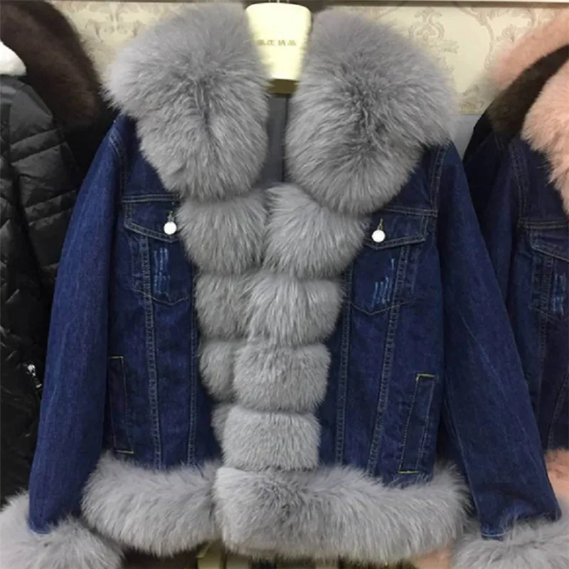 as the picture Новая Толстая джинсовая куртка с подкладкой из натурального Лисьего меха, ковбойская Весенняя уличная Женская куртка из натурального меха, джинсы с мехом - Цвет: as the picture