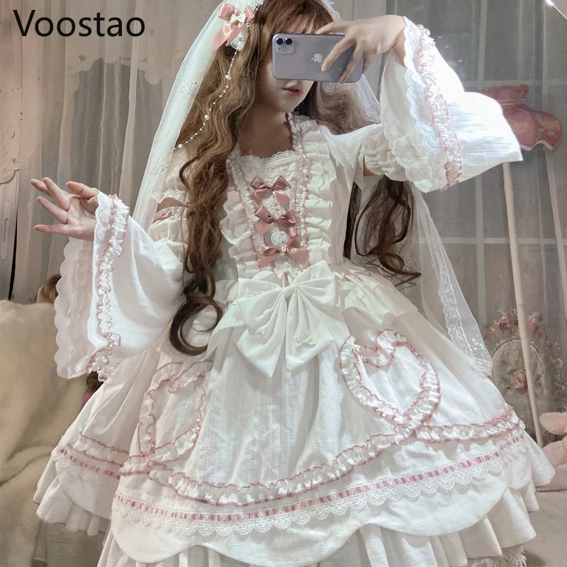 Sweet Chic Lolita Princess OP Dress Vintage Elegant Bow Lace Ruffles Pearls Flowers Wedding Party Dress