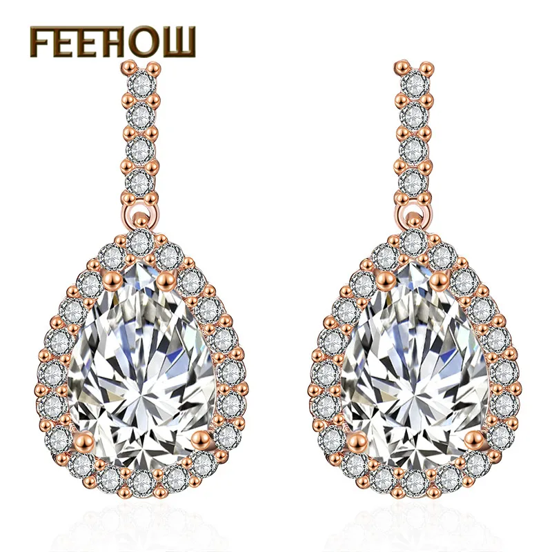FEEHOW Luxury AAA+ Cubic Zirconia Classic Big Water Drop Crystal Earrings With Tiny CZ Bridal Wedding Jewelry for Women FWEP2104 | Украшения