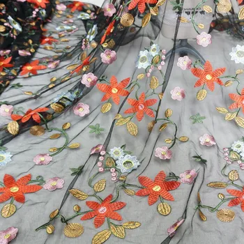 

Colorful Flower Embroidery Black Mesh Lace Fabric Delicate Tulle Fabric For DIY Party Dress Evening Dress by 1 Yard